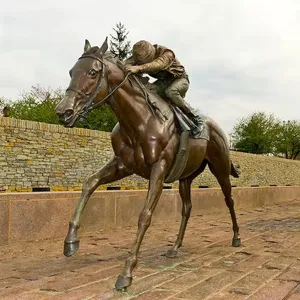 Gran oferta, escultura de caballo de carreras de bronce de tamaño natural con estatua de Jockey