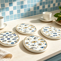 Vente en gros de dessous-de-plat en céramique œil porte-bonheur, ovale bleu méditerranéen doré, résistant à la chaleur, décoration de table