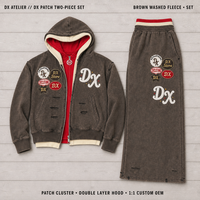 Ensemble de survêtement deux pièces marron délavé personnalisé 460 g/m² avec patchwork, capuche double couche et pantalon de jogging à jambe large, style streetwear OEM ODM