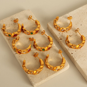 Geometric Huggie <b>Earrings</b> Gold Plated With Red <b>Green</b> Stones Party Jewelry EH778 - Product Image 3