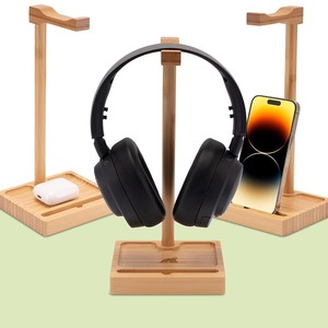 Bamboo <b>Headphone</b> <b>Stand</b> With Phone Holder Desktop Organizer For Over Ear <b>Headphones</b> And Smartphone Storage Rack - Product Image 1