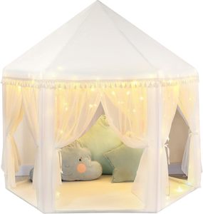 Tente de jeu pour filles, style princesse, blanche, avec décorations en pompons, grande tente de jeu pour enfants, château pour enfants, tente de jeu intérieure et extérieure pour enfants - Product Image 1
