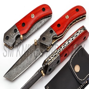 Cuchillo de bolsillo plegable Damasco hecho a mano con hoja Sheepsfoot, mango de madera y funda de cuero (smk1227) - Product Image 2