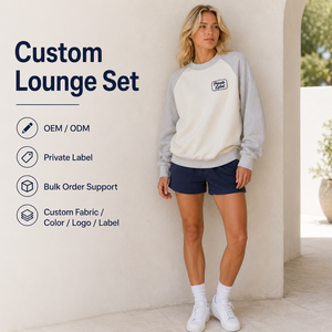 Ensemble deux pièces pour <span class=keywords><strong>femme</strong></span>, sweat-shirt raglan gris beige et <span class=keywords><strong>short</strong></span> marine, en molleton épais, marque privée - Product Image 1
