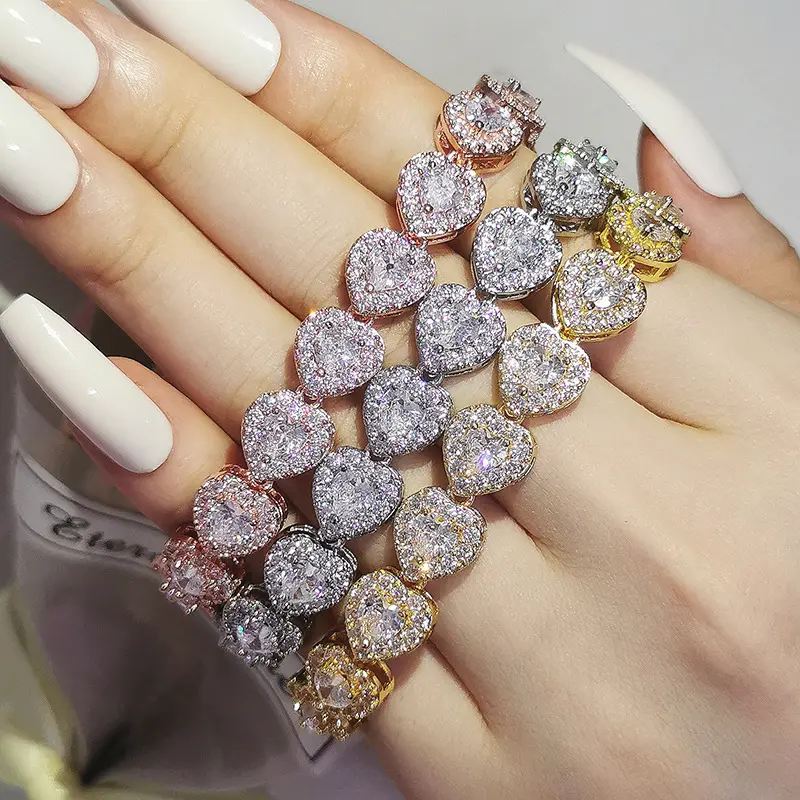 Drop Shipping Luxury Iced Out CZ Diamond Baguette Bracelet Bling Shinny Rhinestone Crystal Heart C Cuff Bracelets Jewelry