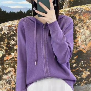Chaqueta de Punto Casual de Manga Larga para Mujer, Sudadera con Capucha de Color Sólido con Cremallera, Chaqueta de Invierno con Logotipo Frontal y Capucha - Product Image 2