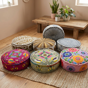 Bohemian Modern Living Room Decor Embroidered Cotton Pouf and Floor Pillow Puff 60x20cm - Product Image 2