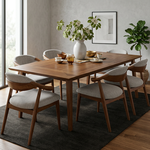 Ensemble de table à manger en teck massif indonésien moderne et luxueux avec chaises minimalistes rembourrées - Product Image 3