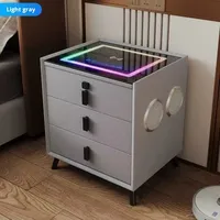 Table de Chevet Moderne Simple en Bois avec Lumière LED, Audio Bluetooth Intelligent et Double Chargeur Sans Fil pour Chambre et Salon