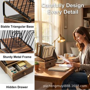 Wooden Desktop <b>File</b> Organizer Slanted Rack With <b>Drawer</b> For Office Home Use Multipurpose Storage Vertical Filing System - Product Image 4