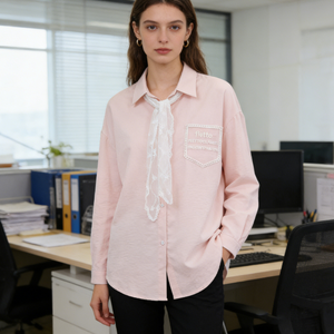 Camisa <span class=keywords><strong>de</strong></span> Encaje con Botones Decorativos para Mujer, Blusa Casual <span class=keywords><strong>de</strong></span> Manga Larga con Solapa y Bolsillo Bordado, Ropa <span class=keywords><strong>de</strong></span> Oficina - Product Image 4