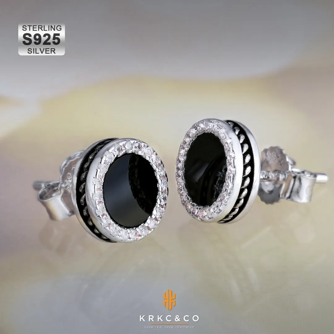 KRKC Hip Hop Full Iced Out CZ Diamond Earrings White Gold S925 Sterling Silver Black Onyx Inlaid Round Stud Earrings For Men