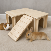 Maisonnette en bois en forme de L pour petits animaux avec rampe et entrées cintrées pour cochon d'Inde, lapin, hamster – Abri multi-chambres en contreplaqué naturel