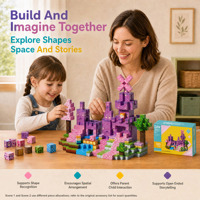 ELI TOYS Blocs de construction magnétiques Château de rêve avec briques roses et violettes, pont, ruisseau et figurines 100 pièces