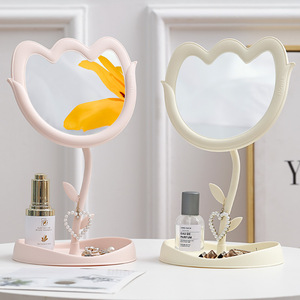 Miroir de Maquillage Rotatif Simple Face en Plastique Argenté avec Base, Motif Tulipe, pour <span class=keywords><strong>Étudiant</strong></span>s et Princesse - Product Image 4