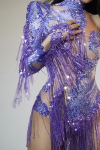 AD2412 Women Single Sleeve Bodycon Ladies Beading Sequin <strong>Fringes</strong> Stage Performance One Piece <strong>Jumpsuit</strong> - Product Image 4