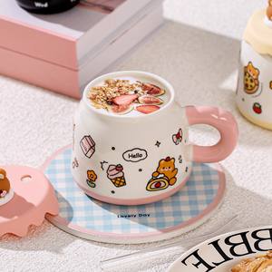 Taza de cerámica Creative Bear con tapa y pajita, diseño de dibujos animados en rosa y marrón, para café, leche, desayuno, tazas para parejas - Product Image 2