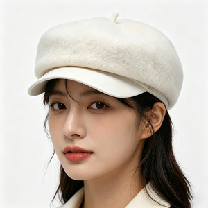 Unisex White Polyester/Cotton Canvas Newsboy Cap Wool Blend Baker Boy Hat with Curved Brim French <b>Beret</b> for Winter - Product Image 1