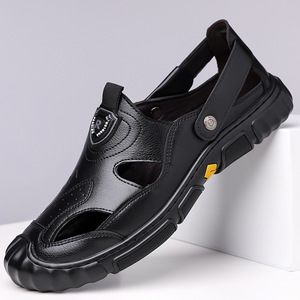 Sandales en cuir à enfiler pour hommes, noires, respirantes, à semelle souple, chaussures de conduite, taille adulte 40 41 42 43 44 45 - Product Image 1