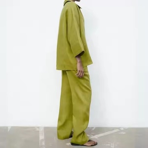 ชุดเซ็ตสองชิ้นผ้าลินินสีพื้นสำหรับผู้หญิง สไตล์ลำลอง ใส่ได้ทั้งฤดูใบไม้ผลิและฤดูร้อน กางเกงขายาวทรงกว้าง เสื้อคลุมคาร์ดิแกน ผ้าฝ้ายลินิน 100% - Product Image 2