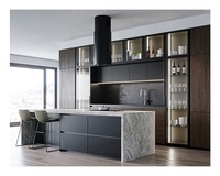 Armoire de cuisine modulaire étanche pour villa, îlot de particules contreplaqué pvc placage tiroir coulissant mural