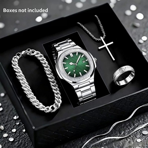 Men's 4PCS <strong>Watch</strong> Set Fashion Casual Black Resin Quartz <strong>Watch</strong> Free Necklace Bracelet <strong>Rings</strong> - Product Image 2