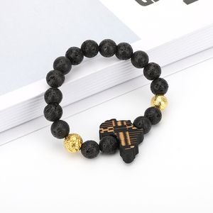 <span class=keywords><strong>20CM</strong></span> nuevo estilo joyería Oro Negro plantado Lava pulsera de piedra con de madera Africana mapa colgante para hombre mujer - Product Image 4