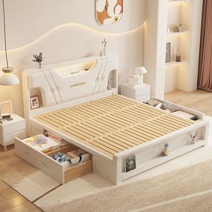 Modern Minimalist Solid Wood <b>Bed</b> 1.8M Double Storage Master Bedroom <b>Bed</b> 1.5M <b>Single</b> Multi Functional <b>With</b> Creamy Style - Product Image 4