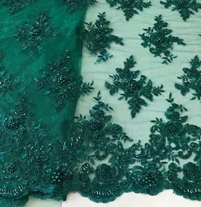 热卖绿色刺绣珍珠串珠蕾丝面料重手工刺绣设计派对礼服面料