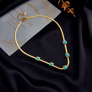 Geometric Turquoise Square Titanium Steel Snake Chain Necklace Gold Party Jewelry - Product Image 2