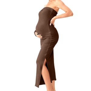 Completo Premaman Due Pezzi: Abito Midi Senza Spalline con Spacco e Cardigan Corto a Maniche Lunghe, Abbigliamento Casual Quotidiano per Donne in Gravidanza - Product Image 4