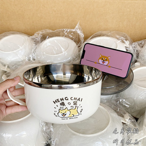 Tazón de fideos de acero inoxidable Heng Chai con tapa, tamaño grande, diseño de dibujos animados, para viajes y uso en dormitorios. - Product Image 5
