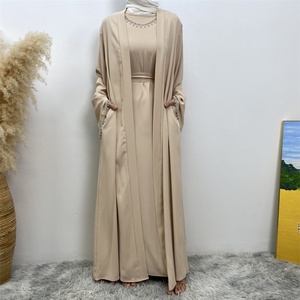 Nida Solid Color Two Pieces Abaya <b>Set</b> With Silver Diamond Chain and Sleeveless Inner Dress for Ramadan Muslim Women 2006+6595 - Product Image 4