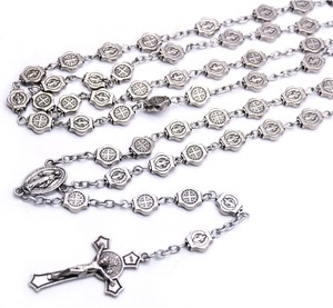 Collana Unisex con <span class=keywords><strong>Rosario</strong></span> Placcato Argento <span class=keywords><strong>Antico</strong></span>, Crocifisso Intricato, Medaglie di San Benedetto, Motivo a Croce in Stile Cattolico - Product Image 4