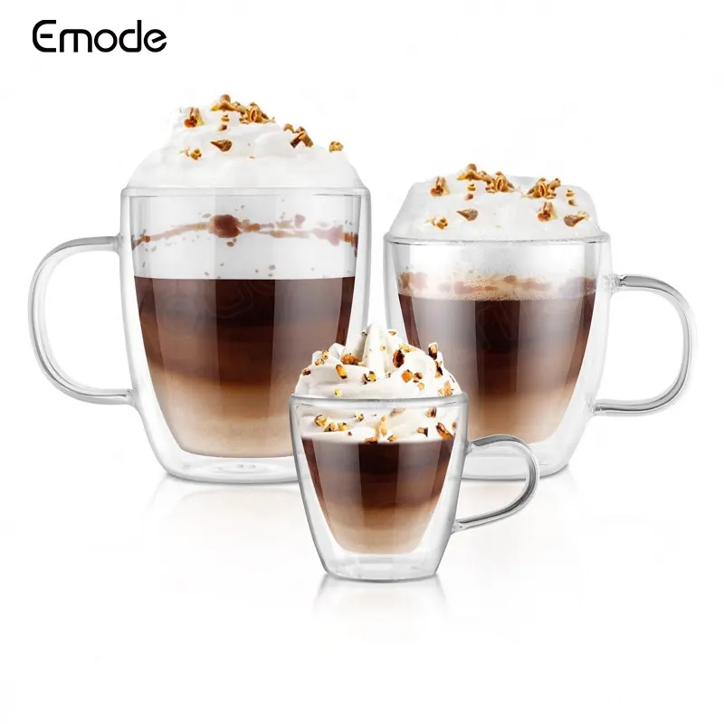 Helder Thermisch Borosilicaatglas Geïsoleerd Drinken Dubbelwandig Glas Cappuccino Espresso Koffiemok Met Handvat Set Van 2