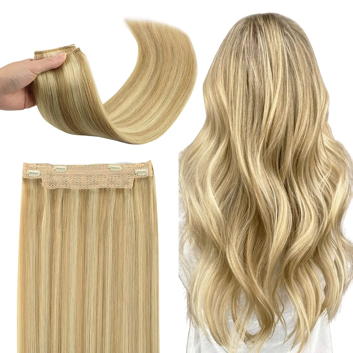 70g Light Blonde 613 Invisible Wire Fish Line Hair Extensions Straight Human Flip Hair Extensions