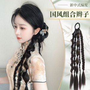 Extensiones de cabello trenzado de cinco hebras de estilo chino para mujer, peluca de cola de caballo tejida a mano, peinado trenzado de moda antigua - Product Image 4
