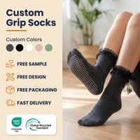 Chaussettes mi-mollet à haute élasticité avec nœud en dentelle, antidérapantes pour le Pilates et le yoga, avec détail de bordure en coton, pour exercices au sol et usage quotidien