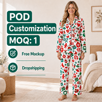 Pyjama personnalisé de Noël rouge et vert avec motif flocon de neige, col cranté, tricoté sur le devant, en polyester pour femme, POD, MOQ 1 pièce, Dropshipping