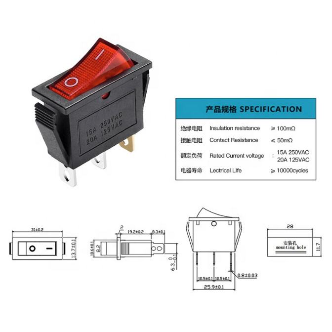 KCD3-101N KCD3-101/C KCD3-101N/B1 15A/250V 20A/125V Rocker Switches with Lamp Push Button Welder Rocker Switch