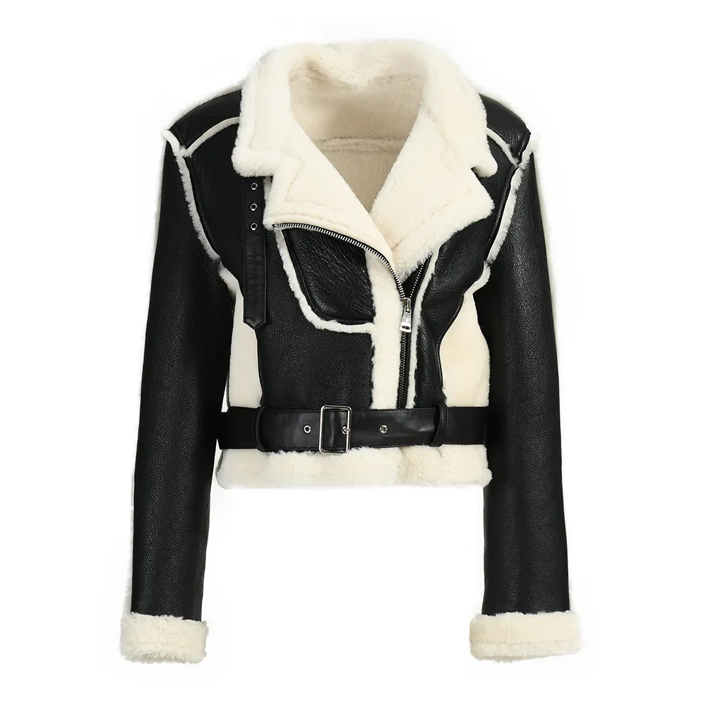 Custom Color Turn-down Collar Belt Design Genuine Shearling Jacket With Sheep Fur Lining Winter Women Real Shearling Jacket