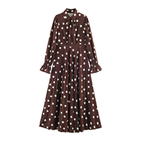 Robe longue décontractée pour femmes, col à nœud papillon, couleur marron, manches longues, imprimé à pois, mode décontractée