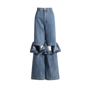 Moda benzersiz Streetwear Vintage rahat motosiklet yıkanmış düz pantolon kot pantolon mavi kot kemer kadin kot