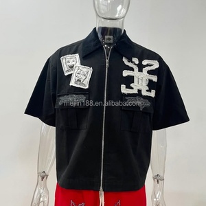 เสื้อเชิ้ตทำงานผ้าแคนวาสแบบมีซิป แขนสั้น สไตล์สตรีทแวร์ลำลอง ปักโลโก้ป้ายแบรนด์ส่วนตัว สำหรับผู้ชาย - Product Image 3