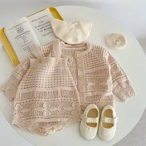 2023 Spring infant clothes baby girl romper Baby knitted hollow pattern sweater 2 piece suit sets newborn jacket romper