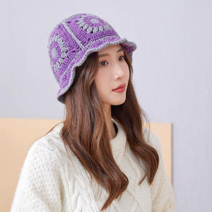 Gran oferta <span class=keywords><strong>de</strong></span> invierno Crochet Granny Square Flower Hat hecho a mano Knitting Bucket Cap para Niñas para pesca fiesta Casual ciclismo - Product Image 4