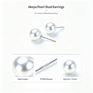 Boucles d'oreilles en platine PT950 avec perles d'eau de mer japonaises Akoya, 8,5-9 mm, parfaitement rondes, à l'éclat miroir, pour femmes - Product Image 1