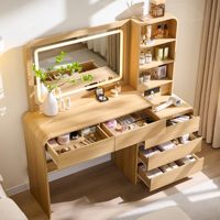 Bureau de toilette moderne en chêne avec miroir LED de 36 pouces, station de charge intégrée et rangement incurvé à 5 tiroirs pour chambre à coucher.