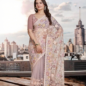 Floral Embroidered Net <b>Saree</b> <b>for</b> <b>Women</b> Modern Indian Bride Festival Wear - Product Image 2