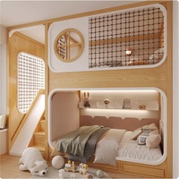 JS Massivholz Kinder-Etagenbett mit Sicherheitsnetz, Aufbewahrungsschublade, Treppe, Rutsche, Holzpolsterung, Modernes Design, Voll-/Einzelgrößen, Umweltfreundlich